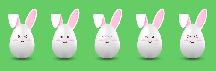 Happy Easter. Kawaii rabbit body 3d egg with various expressions of emotions laughter, calmness, winking, friendliness, begging, naivety,  happiness, charm, embarrassment. On a green background.