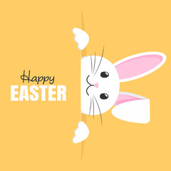 Happy Easter. Vector card with cute smiling rabbit . The rabbit peeks out from the right side. Easter Bunny on an yellow background. The concept of a greeting card.