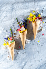 bouquet of bright spring flowers in a waffle cup, background, flat view, space for text,