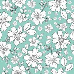 Seamless vintage pattern. White flowers and leaves . Light turquoise  background. vector texture. fashionable print for textiles, wallpaper and packaging.