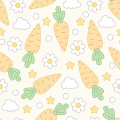 Seamless pattern of carrots with flowers, stars, clouds and dots.