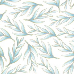 Floral decorative pattern with illustrations of green twigs with gradient and contour and gold sequins