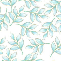 Fototapeta na wymiar Floral decorative pattern with simple illustrations, twigs with green and blue gradient, outline of gold sequins