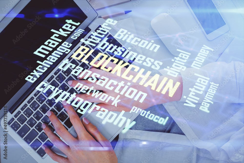 Poster double exposure of woman hands working on computer and blockchain theme hologram drawing. top view. 