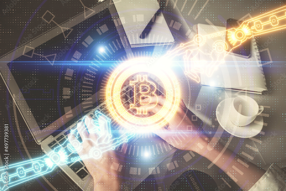 Poster double exposure of woman hands typing on computer and crypto market theme hologram drawing. blockcha