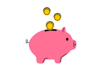 Piggy bank and three coins isolated on white background.