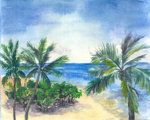 Watercolor illustration with palms and bushs on sunny beach near the sea. Day of vacation - 497739356