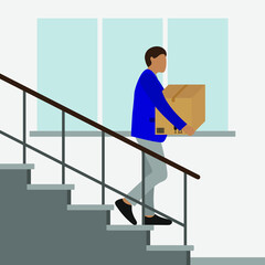 A male character with a cardboard box in his hands goes down the stairs against the background of a wall with a window
