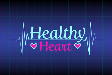 Healthy heart text, ekg line vector on blue medical background. Healthcare symbol to use in health industry, cardiology, medical science, hospital, healthcare projects. 