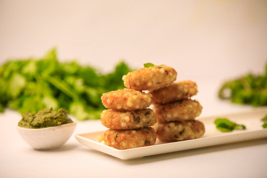 Sago vada,sabudhana vada,vermicelli vada indian famous snack in a plate with selective focus and blur