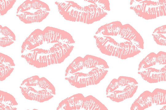 Seamless Pattern with pink Lips. Lip Prints on a white background. Seductive Pattern for fabric, packaging, paper.