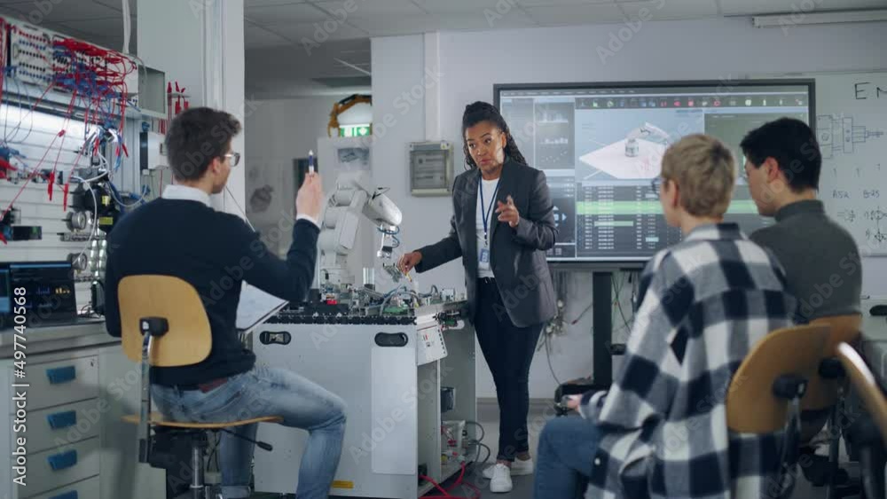 Poster University Robotics Class: Black Teacher Explaining Engineering to Students Using Robot Arm. Diverse Group of Young Engineers Programming Robotic Hand. Computer Science Education Build, Design, Learn