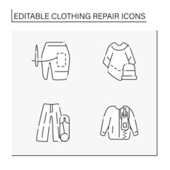 Clothing repair line icons set. Correct and trim length in mini skirt, macho poncho, palazzo trousers, bomber jacket. Fashion concept. Isolated vector illustrations. Editable stroke