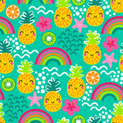 Obraz na płótnie Canvas Cute colorful cartoon pineapple, rainbow and tropical elements seamless pattern for summer holidays background.