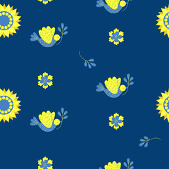 Ukrainian yellow blue Decorative seamless pattern. dove with branch and sunflower on blue background with flowers. Vector illustration in colors of Ukrainian flag for national decor, design, wallpaper