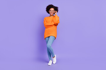 Fototapeta na wymiar Full length body size view of attractive cheery girl posing touching specs isolated over bright purple violet color background