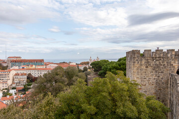 Fototapeta na wymiar Walls of the Saint George Castle a historic castle in the Portuguese capital of Lisbon, Portugal, Europe
