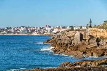 Cliff coastline of the Atlantic ocean shore in Cascais near to Lisbon, Portugal, Europe