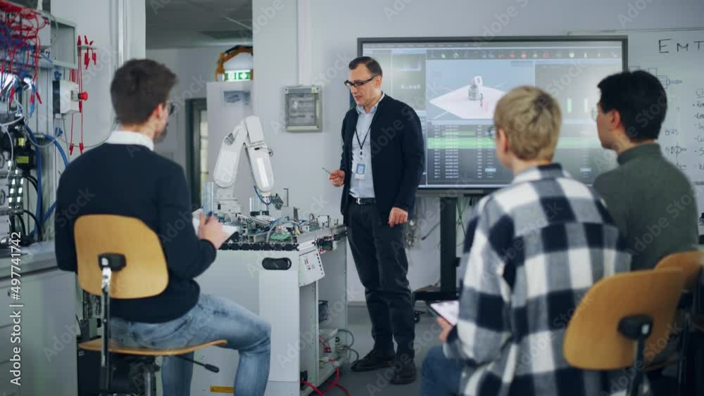 Poster University Robotics Class. White Male Teacher Explaining Engineering to Students Using Robot Arm. Diverse Group of Young Engineers Sitting at University. Computer Science Education Build, Design