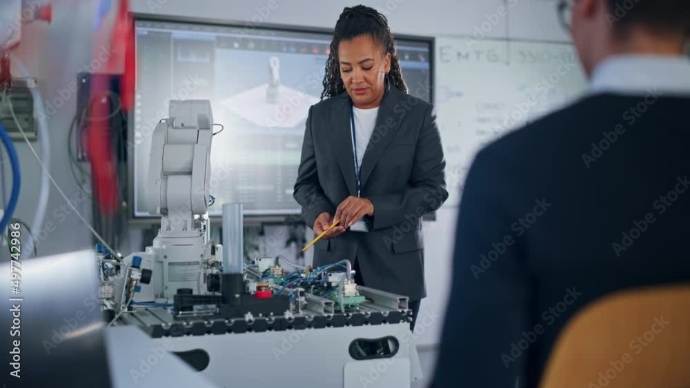 Poster Chief Engineer Presents Innovative Robot Arm to Start-up at Conference. Futuristic Design of AI Robot Hand, Helping to Automate Factory Working. Advanced Robotics Technology Concept