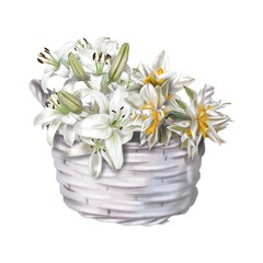 Watercolor spring illustration. Bright flowers in a basket. Realistic illustration