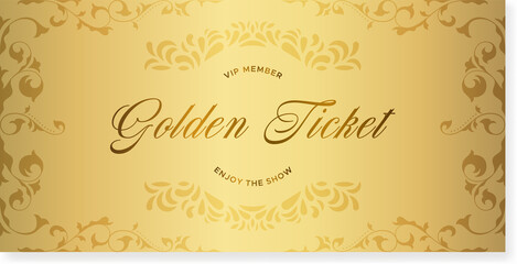Golden ticket. Vector premium ticket template on golden background. For any event. Can be used for web and print.