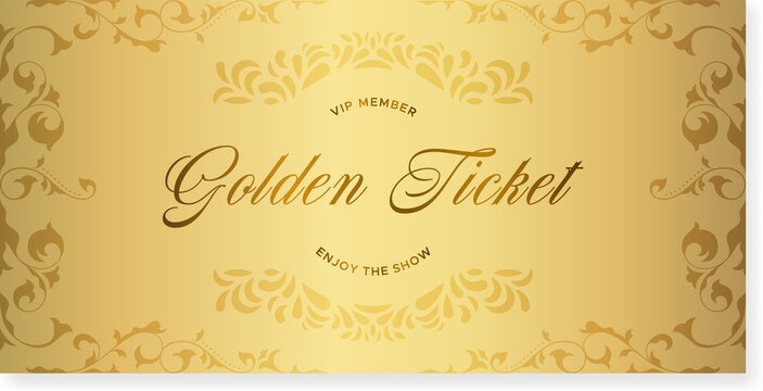 Golden ticket. Vector premium ticket template on golden background. For any event. Can be used for web and print.