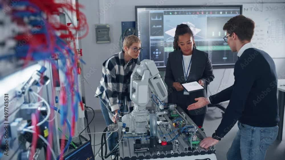 Poster student girl pointing at robotic hand while working at project with her classmate and black teacher.
