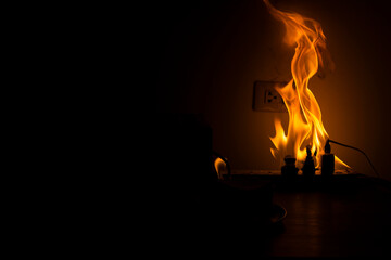 A short circuit at night causes fire and flames. Using non-standard equipment can be dangerous....