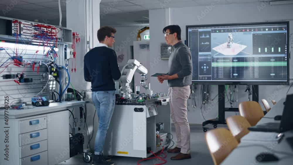 Leinwandbilder Diverse Team of Industrial Robotics Engineers Students Standing Around Table With Robot Hand. Boy Holding Tablet Computer to Manipulate and Program Robot. Engineering with Digital Technology Concept