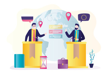 Political representative of Russia and European Union at talks. Diplomats make agreements and establish partnerships between countries