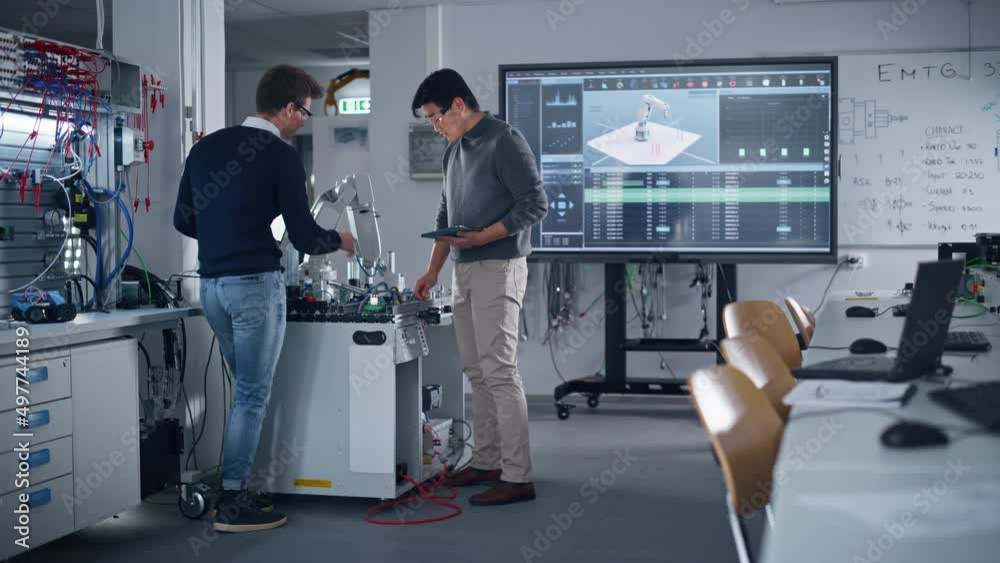 Aufkleber Industry High-Tech Factory at School: Diverse Team of Future Robotics Engineers Working on Robot Arm Design. They Discussing and Giving Five to Each Other. Digital Technology Concept