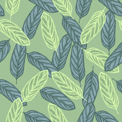 Fototapeta premium Alocasia leaves seamless pattern.Vintage tropical branch in engraving style.
