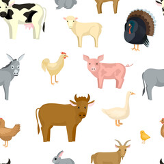 Livestock seamless pattern on white background. Farm birds and animals in the style cartoon.