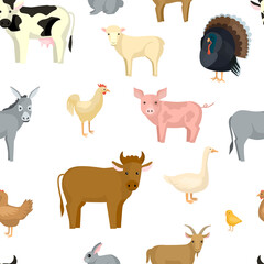 Obraz premium Livestock seamless pattern on white background. Farm birds and animals in the style cartoon.