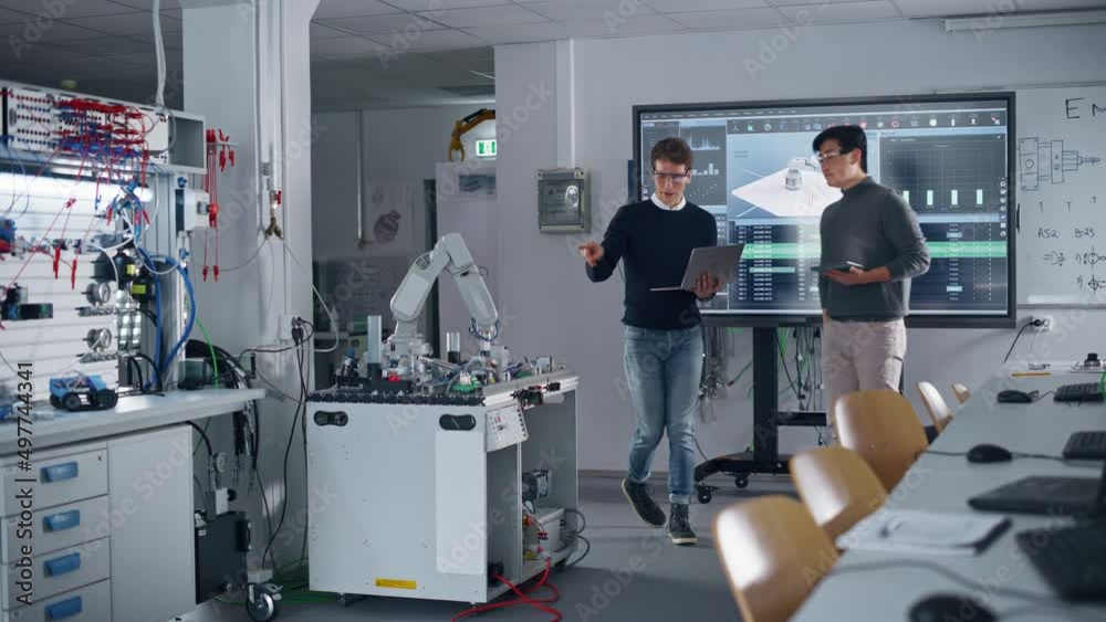 Poster Diverse Male Students Approach the Robotic Hand and Check its Functions after Discussing Details on Computer. Education and Innovative Technologies Concept
