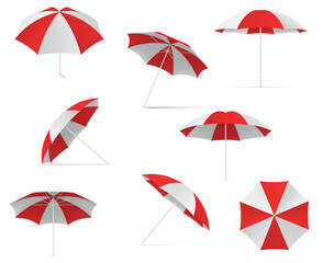 Red striped beach umbrella collection realistic vector traditional seaside sunlight protection