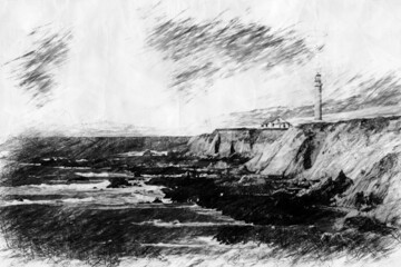  lighthouse on the coast in pencil drawing style