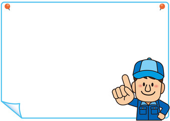 フレーム,吹き出し,作業員,スタッフ,アルバイト,引越し,工場,派遣,ポイント,ひらめく,思いつく,タイトル,お知らせ,メッセージ,飾り枠,看板,枠,見出し,作業服,作業着,笑顔,男性,仕事,やる気,職業,業者,正社員,働く,かわいい,バイト,会社員,パート,制服,帽子,工事,建築,建設,清掃員,電気屋,水道局,整備士,メンテナンス,男,指さし,説明,案内,人物