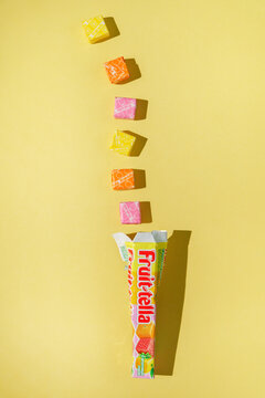 Tyumen, Russia-April 03, 2022: Fruit Tella sign on sweet fruit caramel candy brand product