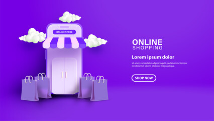 Online shopping with 3d smartphone with shopping bag and percent illustration