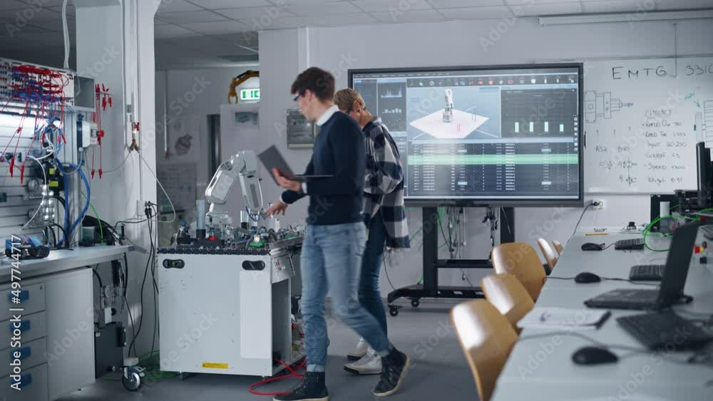 Poster Diverse Students Standing Near Table With Robot Arm, They Manipulate and Program it to Pick Up and Move at their Devices. Bright Facility, Creative People Concept