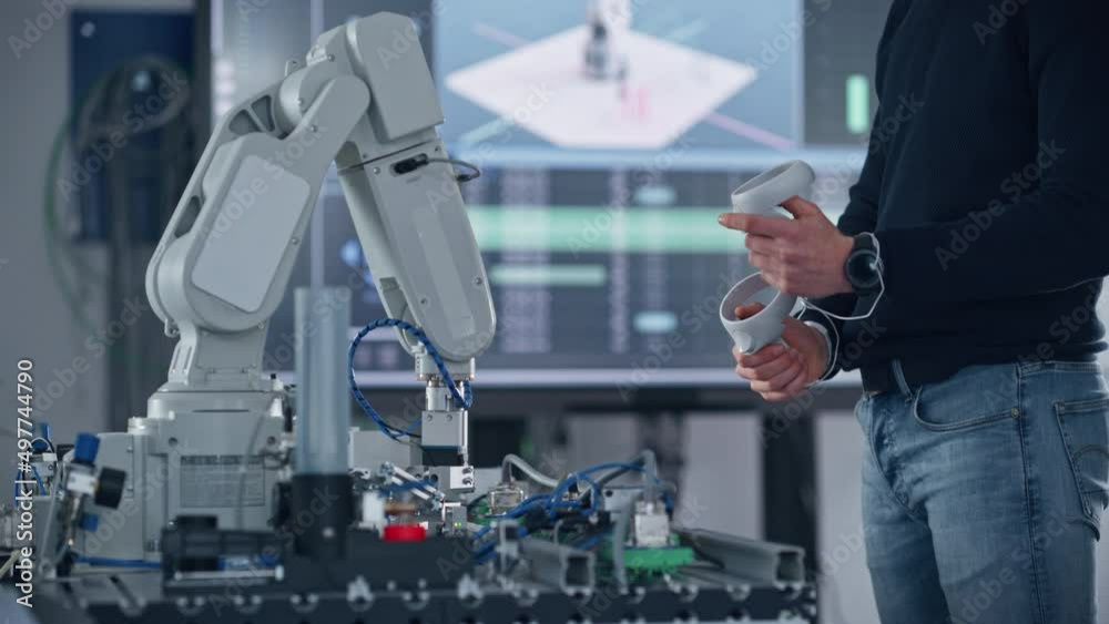 Poster unrecognisable male student holding virtual reality controllers, uses new technology for industrial 