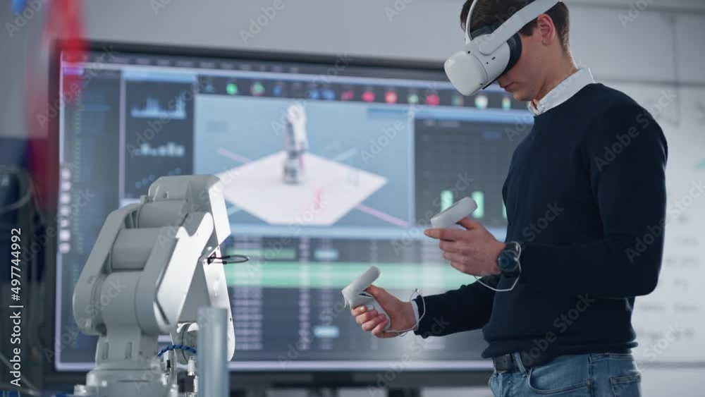 Poster Mechanical Engineer Student Wearing Virtual Reality Headset and Holding Controllers, Uses VR technology for Industrial Design, Development, Prototyping in Robotics. High Tech Concept