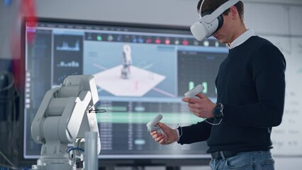 Mechanical Engineer Student Wearing Virtual Reality Headset and Holding Controllers, Uses VR technology for Industrial Design, Development, Prototyping in Robotics. High Tech Concept - Powered by Adobe