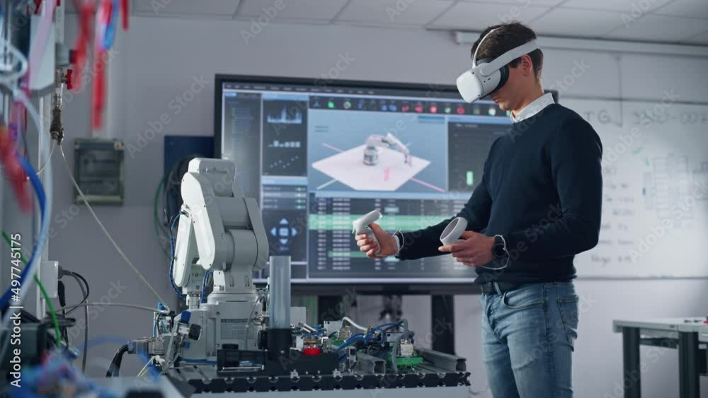 Aufkleber Student Engineer Using Virtual Reality Software for His Project. Man with Headset and Controllers Studying at University Room. Futuristic and High Tech Concept