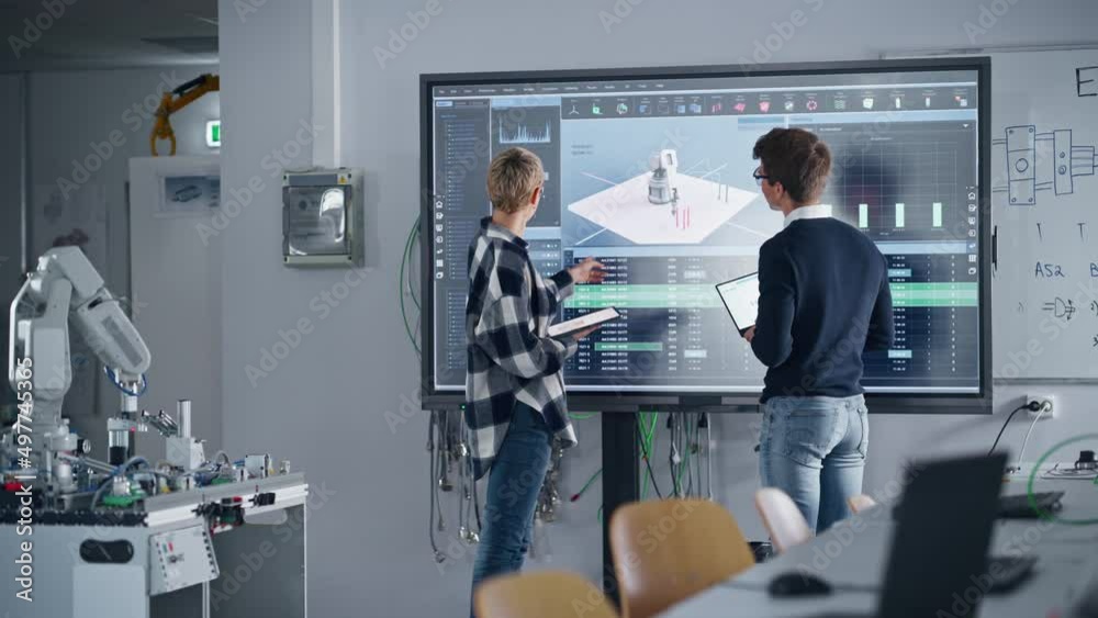 Aufkleber Students Discussing Work of Robotic Hand while Looking on Big Screen. They Analysing Changes of Graphics at Developing Programs at University. Education and Innovative Technologies Concept