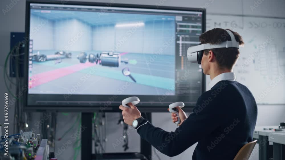 Poster Student Mechanical Engineer in VR Headset and Controllers, Uses VR Technology for Industrial Design, Development, Prototyping in CAD Software on Computer. Augmented Reality Concept