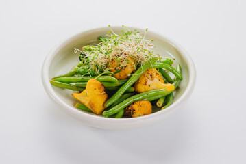Vegetaria dish of boiled broccoli, asparagus and parmesan