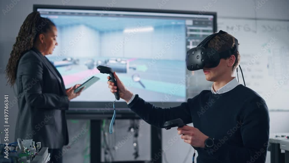Aufkleber Black Teacher Typing at Tablet and Supervising while her Student in VR Headset and Controllers, Uses VR Technology for Industrial Design, Development, Prototyping in CAD Software on Computer